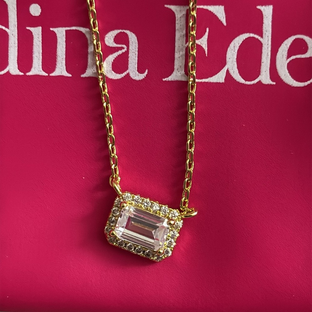 Adina Eden Pave Outlined Baguette Solitaire Necklace Gold Plated Sterling NWT